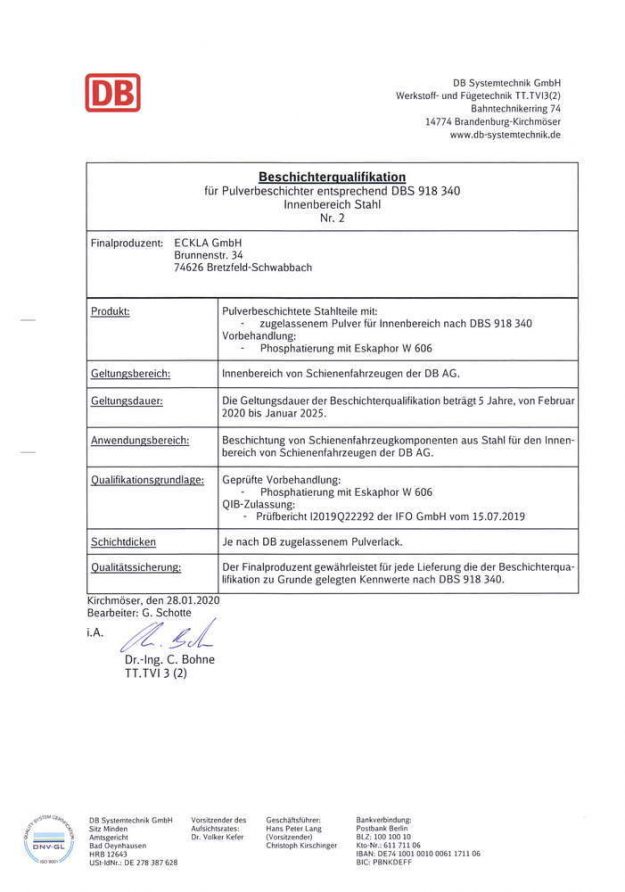 DB Beschichterqualifikation fuer Pulverbeschichter DBS 918340 2020 Zulassung Stahl Innenbereich