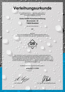 Qualitätsgemeinschaft Industriebeschichtung QIB e.V. - Verleihungsurkunde für Eckla GmbH Pulverbeschichtung, Brunnenstr. 34, 74626 Bretzfeld. Die Firma hat das Recht das geschützte QIB Qualitätszeichen zu führen.